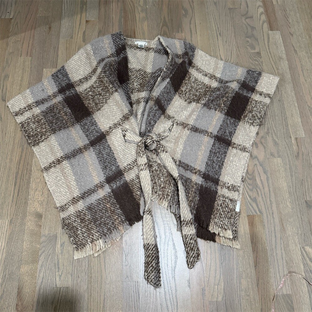 Max Studio Ruana Poncho Wrap Shawl Womens O/S Multicolor Plaid Belted Fringe